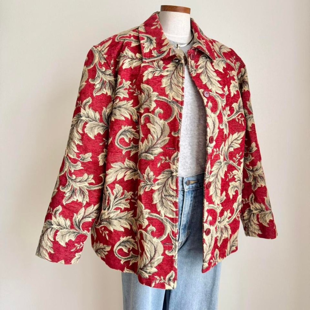 Vintage Red Filigree Tapestry Jacket / Boxy Chore Coat
